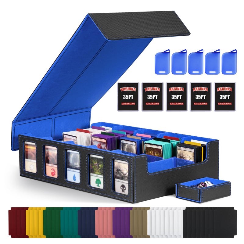 Kabinka Trading Card Storage Box with Commander Display 5Row Deck Case with Removable Lid 3900 Card Deck Box for MTG TCG Sports Card 5 Top Loaders 5 Stoppers 48 Dividers1 Dice Tray Black Blue - Image 2