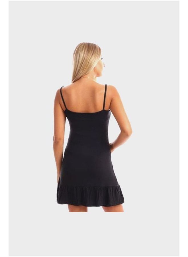 IZOR - Spaghetti Sleeves Solid Short Sleepshirt - Black - Image 1
