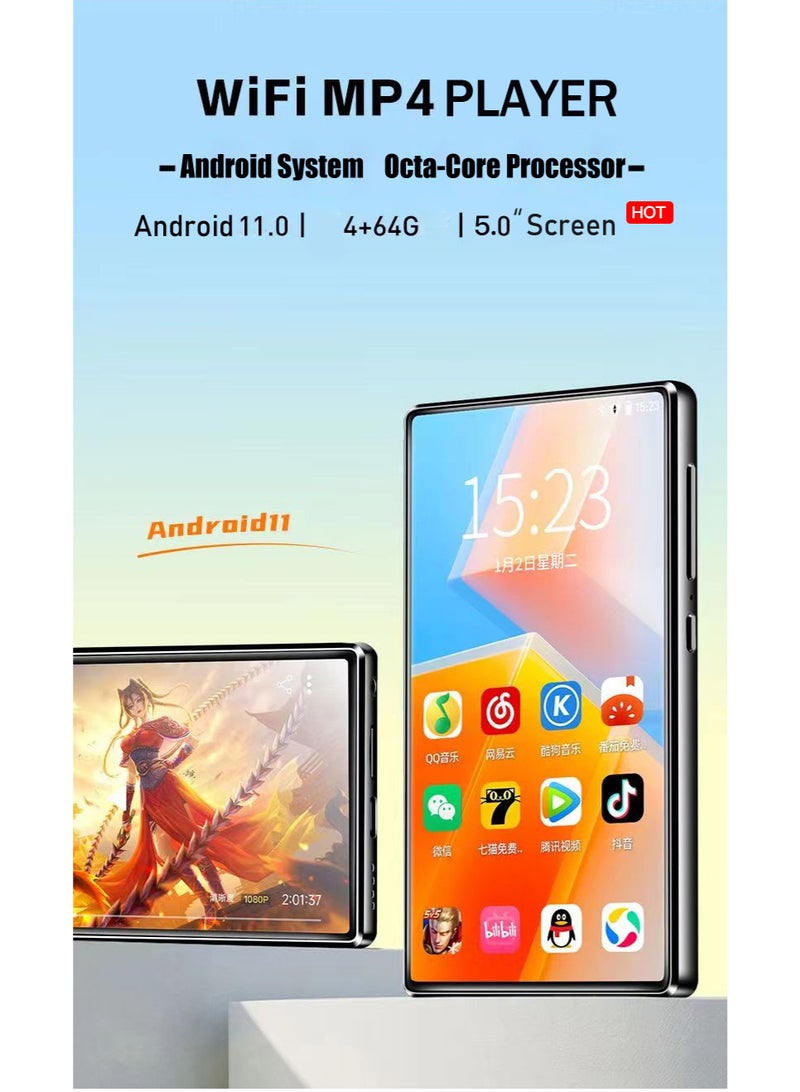 5.0″ WiFi Android MP5 Music Player – 4GB RAM + 64GB Storage, Octa-Core Android 11, 1080P QHD Touchscreen, HiFi Audio & E-Book Reader - Image 1
