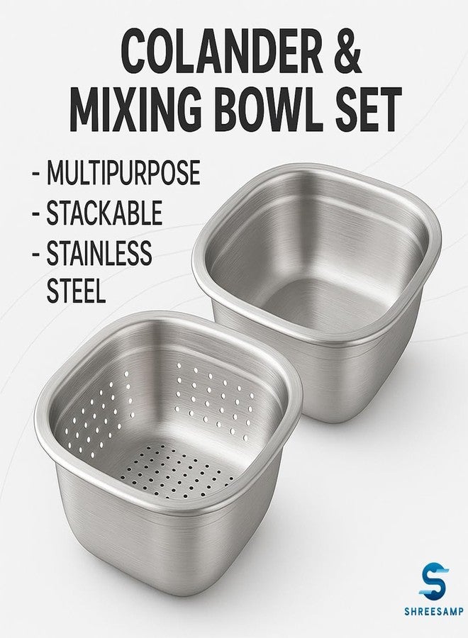 SHREESAMP Square Kitchen Strainer Washing Stainless Steel Colander for Spaghetti Fruits & Vegetable | Food Draining Bowl Sieve Micro-Perforated Stainer | Easy Storage for Kitchen Use Tools & Gadgets - Image 2