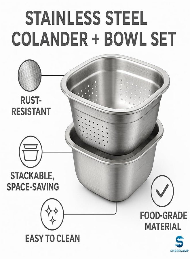 SHREESAMP Square Kitchen Strainer Washing Stainless Steel Colander for Spaghetti Fruits & Vegetable | Food Draining Bowl Sieve Micro-Perforated Stainer | Easy Storage for Kitchen Use Tools & Gadgets - Image 4