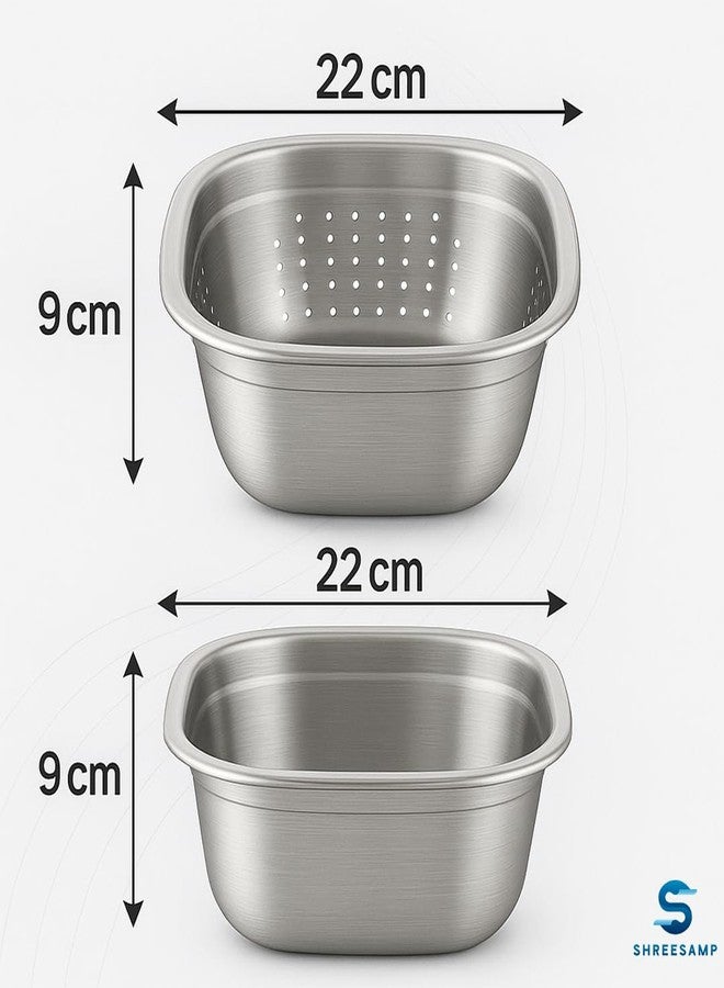 SHREESAMP Square Kitchen Strainer Washing Stainless Steel Colander for Spaghetti Fruits & Vegetable | Food Draining Bowl Sieve Micro-Perforated Stainer | Easy Storage for Kitchen Use Tools & Gadgets - Image 3