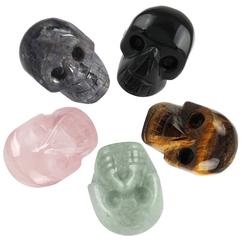 mookaitedecor 1 Inch Assorted Crystal Skull Sculpture Set of 5 Hand Carved Gemstone Statue Figurine Collectible Healing Reiki - Image 1