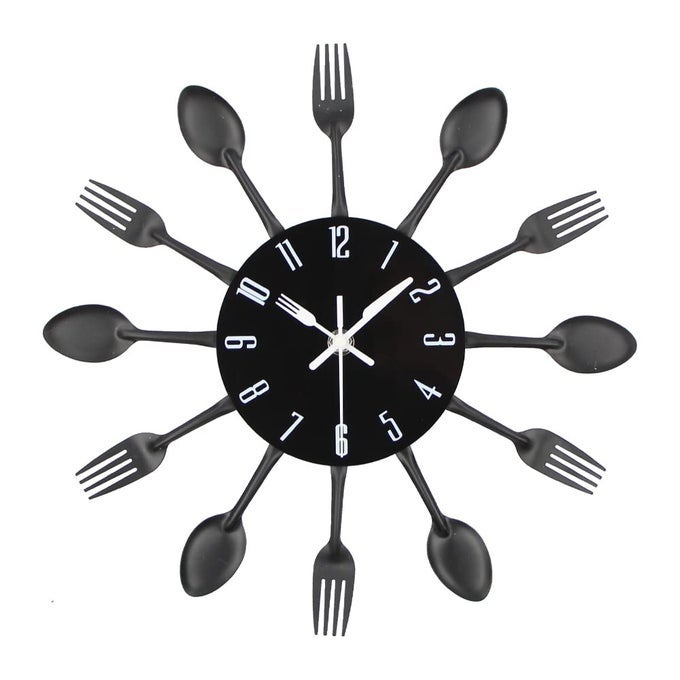 KITCHEN WALL CLOCK 3D REMOVABLE MODERN CREATIVE CUTLERY KITCHEN SPOON FORK WALL CLOCK MIRROR WALL DECAL WALL STICKER ROOM HOME DECORATION BLACK
