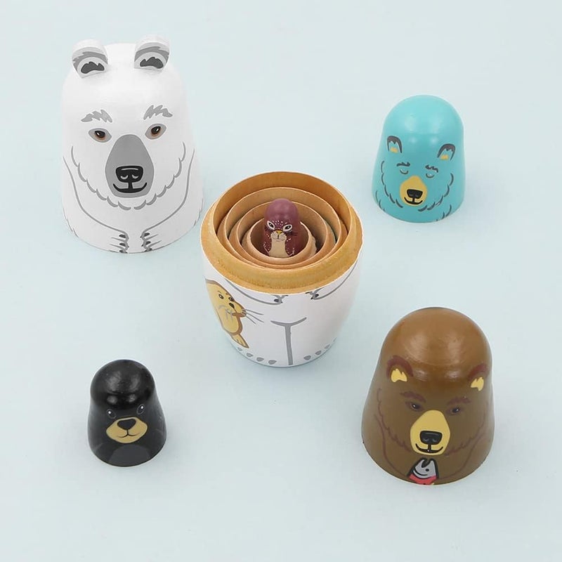 Winterworm Set of 5 Bear Nesting Dolls Animal Polar Bear Brown Bear Weasel Wooden Russian Doll Matryoshka Dolls for Christmas Birthday Kids Stacking Toy Boy Girl Gift Home School Decoration  - Image 4