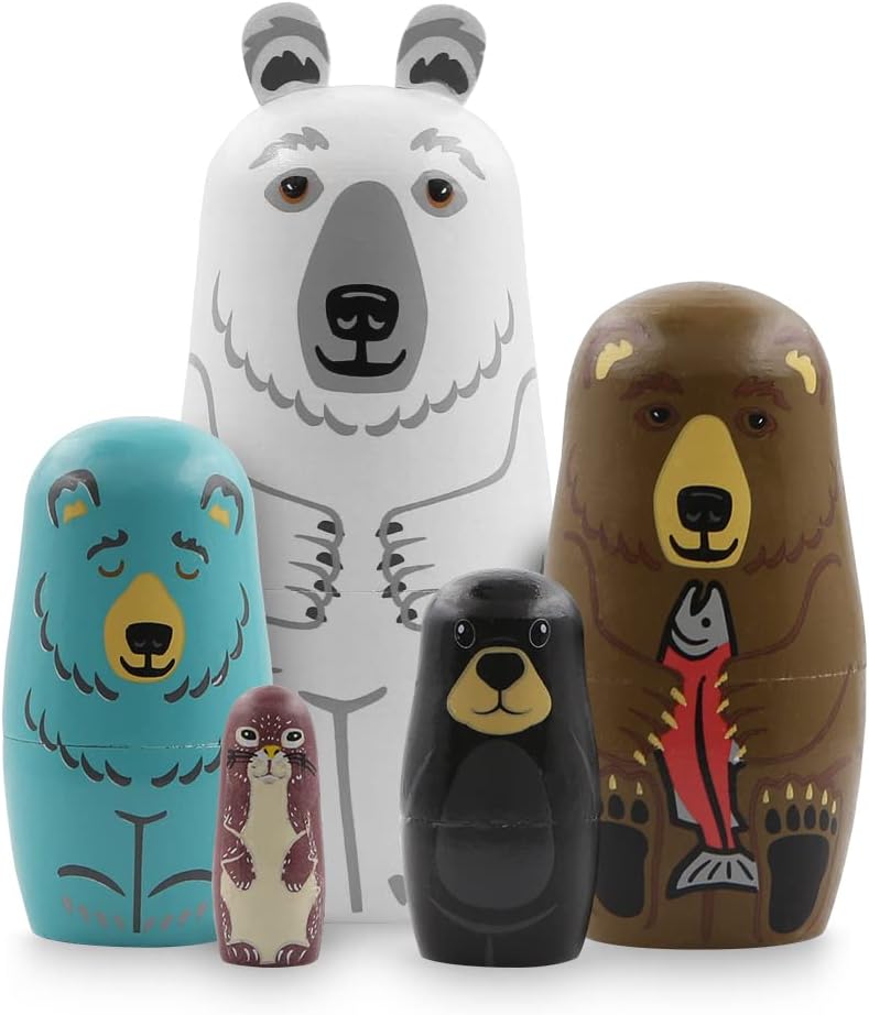Winterworm Set of 5 Bear Nesting Dolls Animal Polar Bear Brown Bear Weasel Wooden Russian Doll Matryoshka Dolls for Christmas Birthday Kids Stacking Toy Boy Girl Gift Home School Decoration  - Image 1