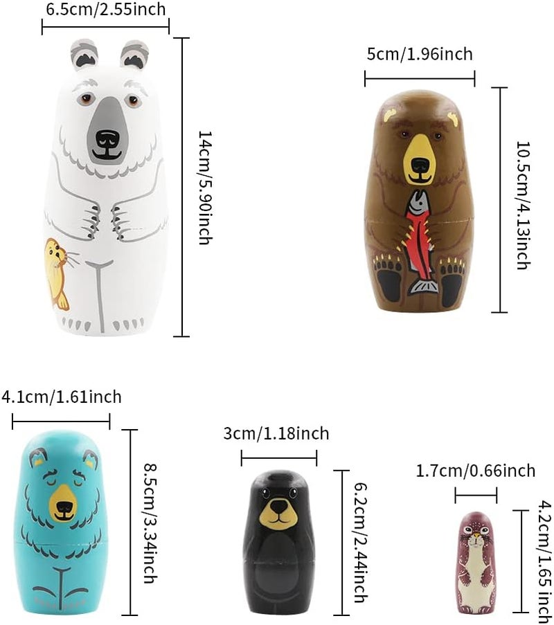 Winterworm Set of 5 Bear Nesting Dolls Animal Polar Bear Brown Bear Weasel Wooden Russian Doll Matryoshka Dolls for Christmas Birthday Kids Stacking Toy Boy Girl Gift Home School Decoration  - Image 2