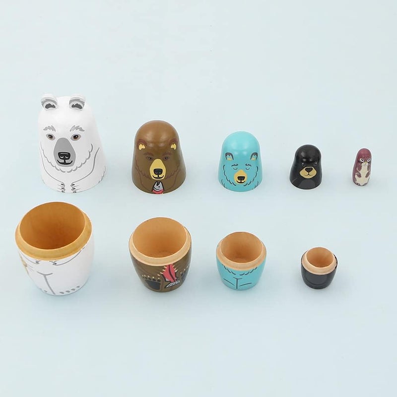Winterworm Set of 5 Bear Nesting Dolls Animal Polar Bear Brown Bear Weasel Wooden Russian Doll Matryoshka Dolls for Christmas Birthday Kids Stacking Toy Boy Girl Gift Home School Decoration  - Image 3