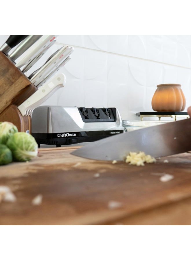 CHEF'S CHOICE Hone Electric Knife Sharpener for 15 and 20-Degree Knives 100% Diamond Abrasive Stropping Precision Guides for Straight and Serrated Edges, 3-Stage, Gray - Image 5