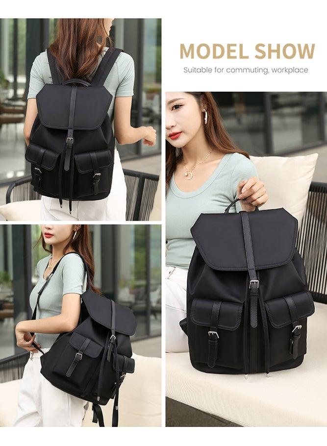 SHABILI Women's Fashion Laptop Backpack, Ladies Oxford Fabric Back Bag School Bag Tourist Bag with Buckle Design and Multi Pockets, Large Capacity Shoulder Bag for Commuting Girls College Studentsï¼ˆBlackï¼‰ - Image 2