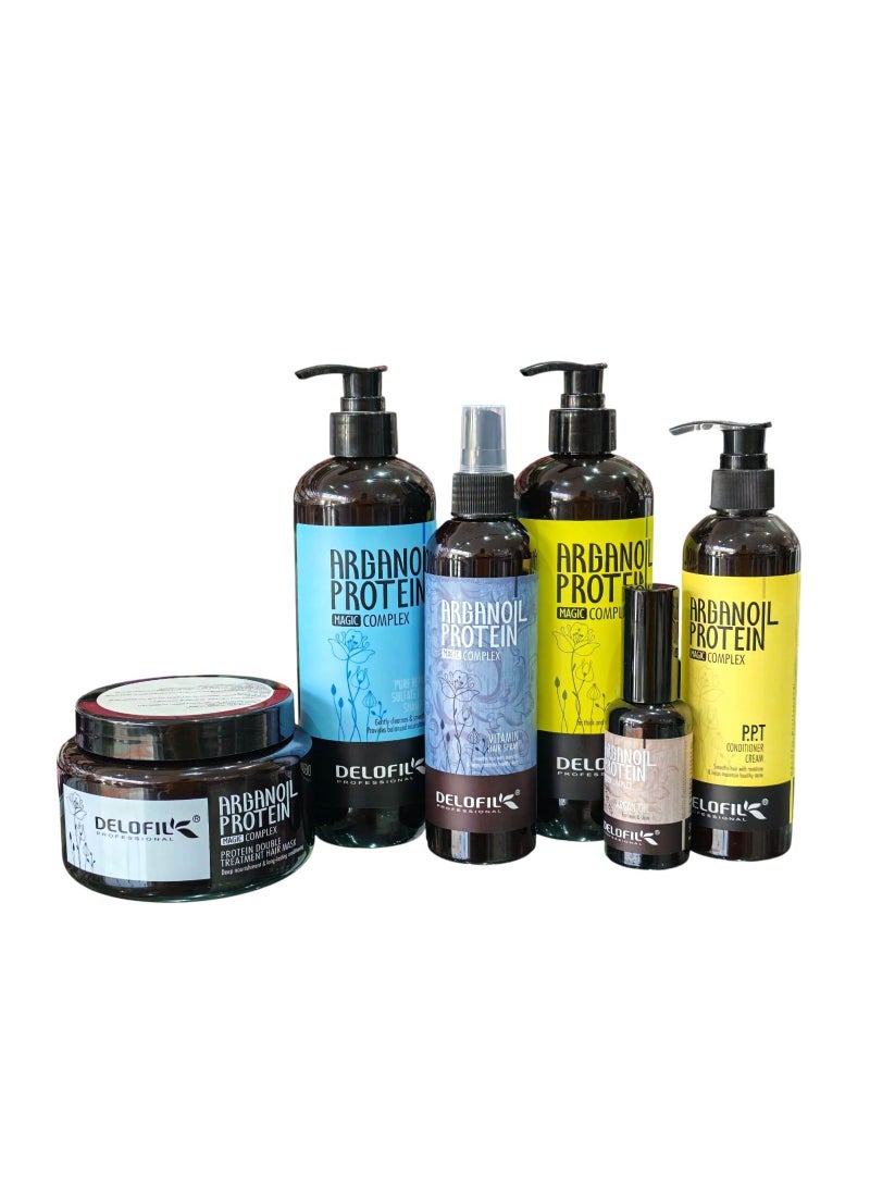 Delofil Argan Protein Hair Care Kit: Shampoo 500 ml Conditioner 500 ml Mask 500 ml Serum 50 ml and Heat Protectant Spray 260 ml to repair and nourish hair.