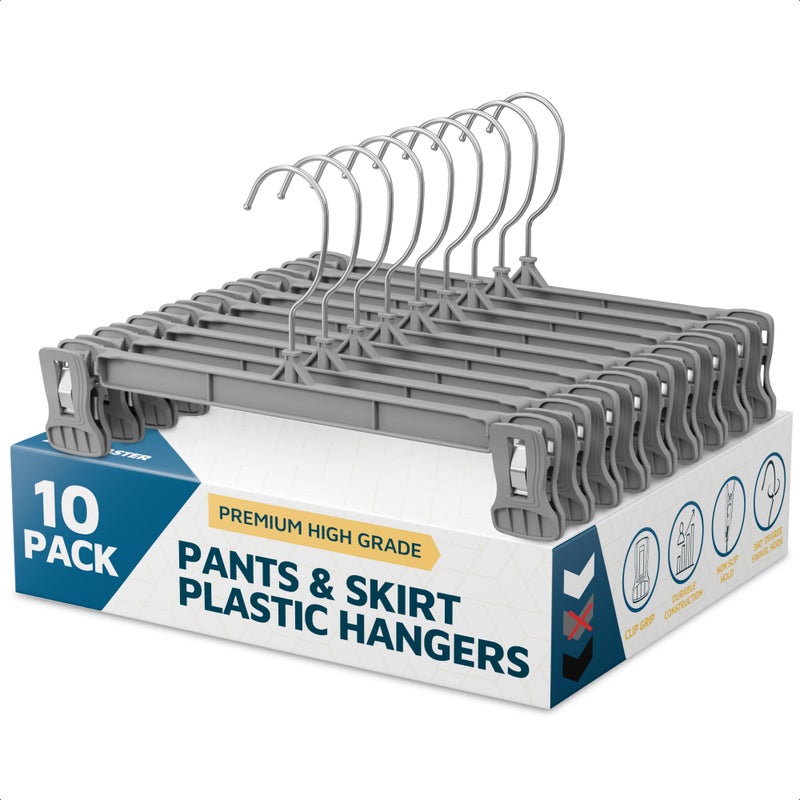 Lifemaster Pants Hangers with Clips Pack of 10, 12-Inch Heavy-Duty Clothes Hangers with Non-Slip Ridged Grip Clips & 360Â° Swivel Hook, Space-Saving Closet Organizer for Pants, Skirts & Shorts, Gray - Image 1
