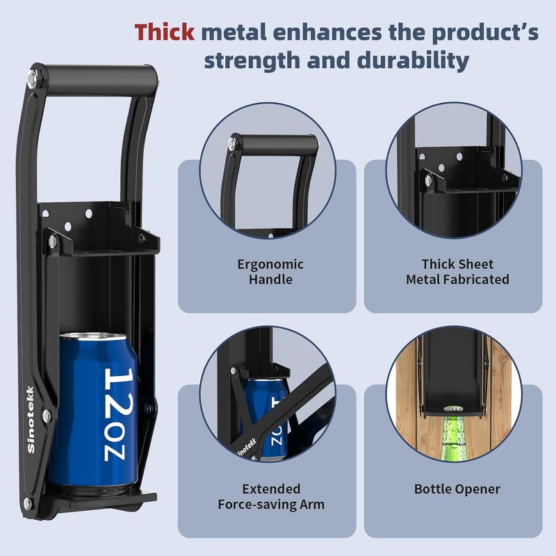 Sinotekk 16 oz Can Crusher Wall Mounted | Heavy-Duty Thickened Steel | with Built-in Bottle Opener & Non-Slip Handle | Flattened Aluminum Can in Seconds | Space-Saving Recycling Tool for Home & Garage - Image 3
