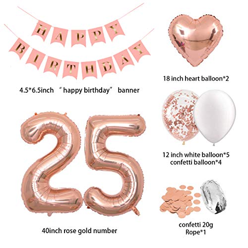 EASUTE Birthday Decorations Happy Birthday Banner 40inch Rose Gold Number 25 Balloons Rose Gold Confetti Balloons 1" in Diameter Heart Confetti for 25th Birthday Party Supplies Photo Props (Rose Gold 25) - Image 2