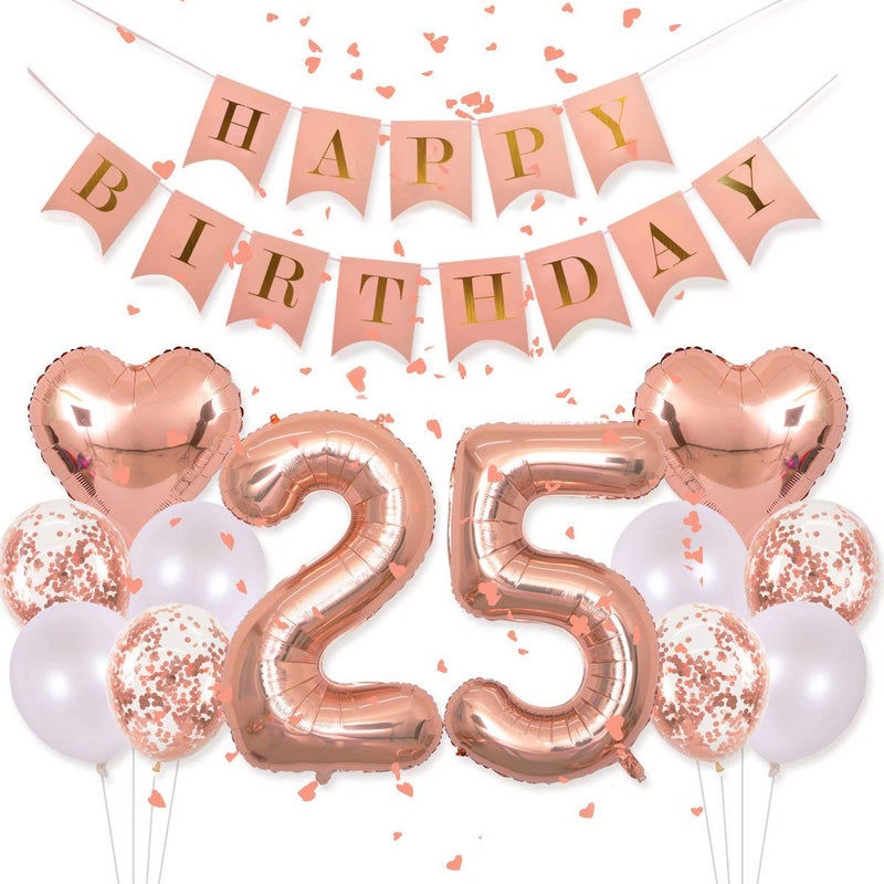 EASUTE Birthday Decorations Happy Birthday Banner 40inch Rose Gold Number 25 Balloons Rose Gold Confetti Balloons 1" in Diameter Heart Confetti for 25th Birthday Party Supplies Photo Props (Rose Gold 25) - Image 5