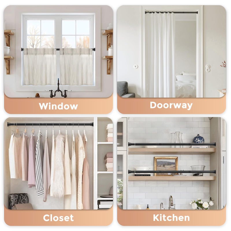 WEIXINHAI 2 Pack Black Spring Tension Curtain Rods 23-46 Inches, 0.7" Diameter, Spring Loaded Curtain Rods No Drilling, Adjustable Small Tension Rod for Windows, Bathroom, Kitchen, Doorway, Closet - Image 5