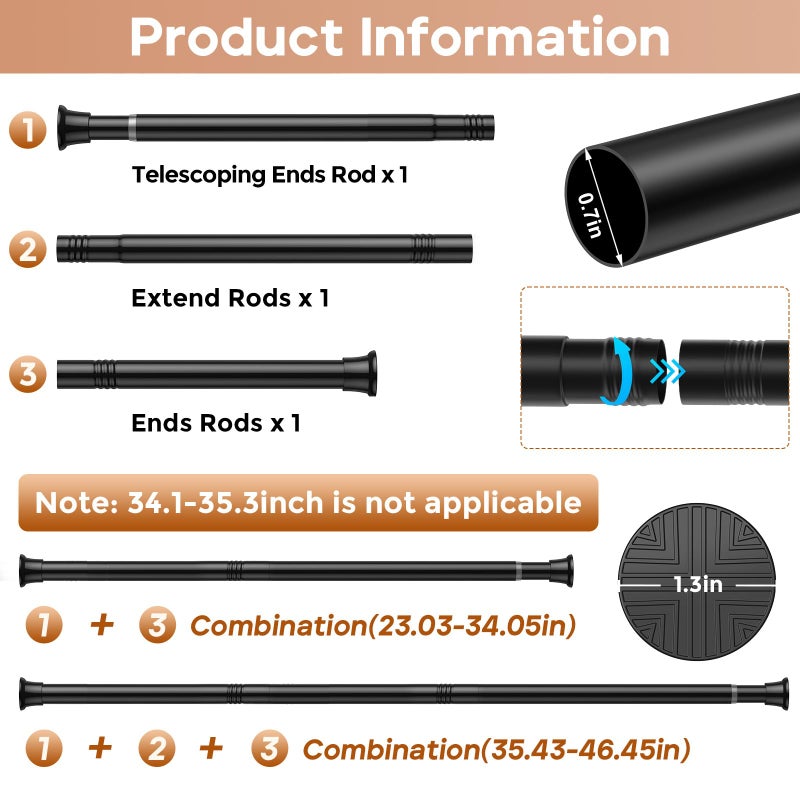 WEIXINHAI 2 Pack Black Spring Tension Curtain Rods 23-46 Inches, 0.7" Diameter, Spring Loaded Curtain Rods No Drilling, Adjustable Small Tension Rod for Windows, Bathroom, Kitchen, Doorway, Closet - Image 3