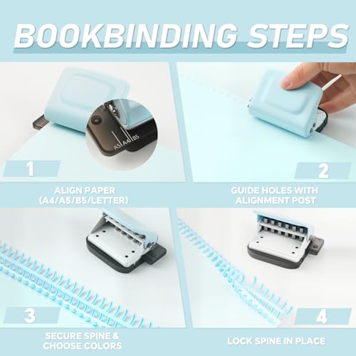 TBSKTBE Spiral Binding Machine-Mini 6 Hole Puncher, DIY Creative Book Binder Machine for Planner, A4-30 Holes, A5-20 Holes, B5 26 Holes with 16 PCS 6-Hole Loose Leaf - Blue - Image 3