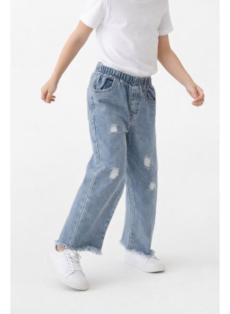 شي إن بنطلون جينز أطفال للجنسين أزرق بخصر أستك – كاجوال يومي مريح (9–10 سنوات) - Image 2