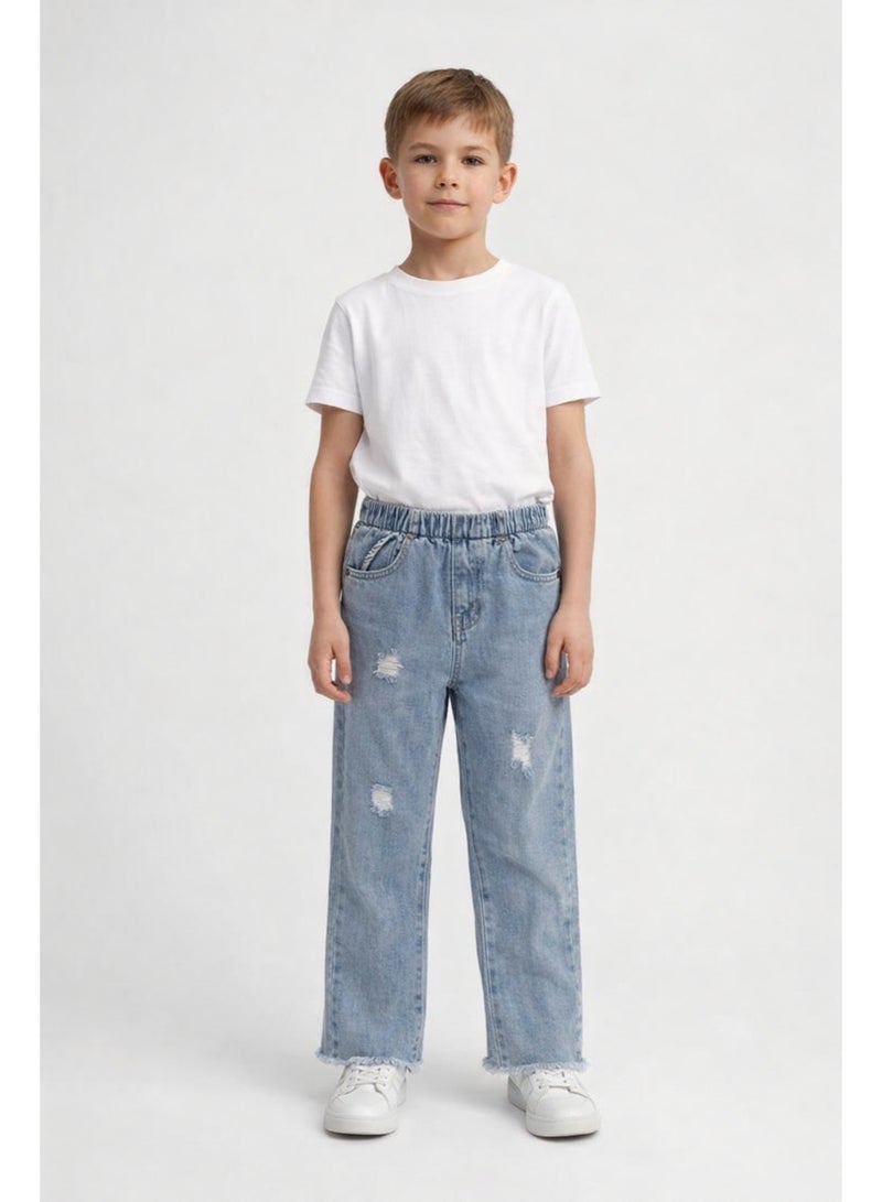 شي إن بنطلون جينز أطفال للجنسين أزرق بخصر أستك – كاجوال يومي مريح (9–10 سنوات) - Image 1