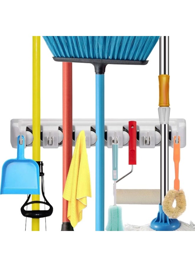 sulfar Mop And Broom Holder, Wall Mounted Organizer Mop And Broom Saving Space Storage Rack For Kitchen Garden And Garage,Laundry Offices, 5 Position With 6 Hooks (White)  - Image 1