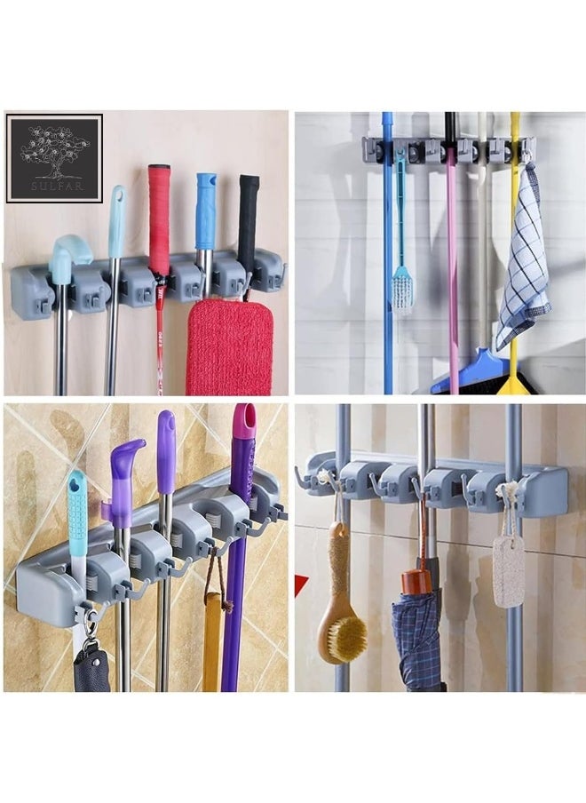 sulfar Mop And Broom Holder, Wall Mounted Organizer Mop And Broom Saving Space Storage Rack For Kitchen Garden And Garage,Laundry Offices, 5 Position With 6 Hooks (White)  - Image 2