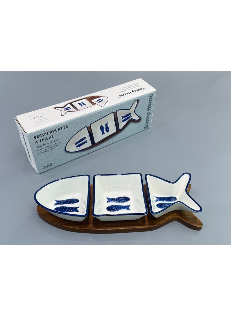 Danny Home Porcelain Fish Themed Plate Set with Wooden Tray, 10 inches, 3 pcs, 201-2/3