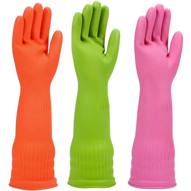 IUCGE Rubber dishwashing gloves 3 Pairs for kitchenCleaning washing dish gloves long for household reuseable durableSmallMulticolor