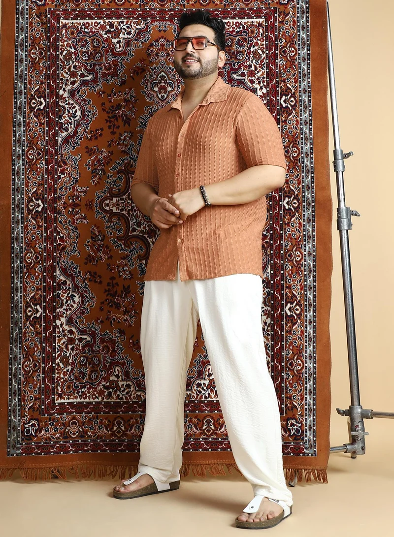 Instafab Plus Instafab Plus Men's Rust Orange Cross-Stitch Stripe Knit Shirt For Casual Wear | Spread Collar | Short Regular Sleeves | Button Closure | Plus Size Shirt Crafted With Comfort Fit For Everyday Wear