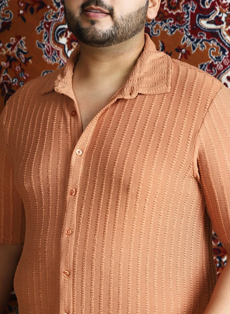 Instafab Plus Instafab Plus Men's Rust Orange Cross-Stitch Stripe Knit Shirt For Casual Wear | Spread Collar | Short Regular Sleeves | Button Closure | Plus Size Shirt Crafted With Comfort Fit For Everyday Wear