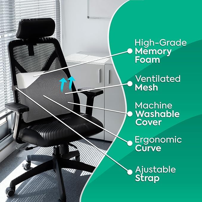 Orthocure Memory Foam Long Lumbar Back Support for Office Chair/Car,Back Cushion Pain Relief and Improve Posture, Lower Back Pillow for Gaming and Desk Chair, Couch, Adjustable Straps (Traveler) - Image 3