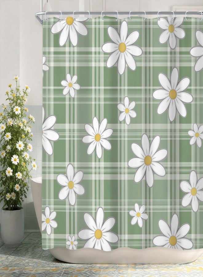 Newsely Green Daisy Floral Shower Curtain 72Wx72L Inch Retro Cute Flower Grovvy Plaid Spring Boho Pretty Kids Girly Women Bathroom Set Aesthetic Waterproof Bath Decoration Accessories Home Decor - Image 1