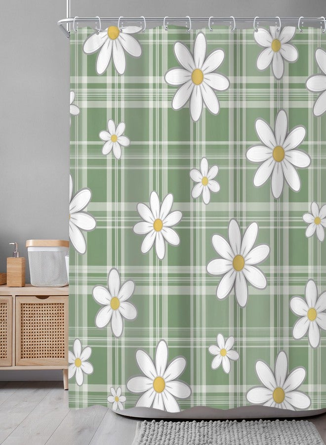 Newsely Green Daisy Floral Shower Curtain 72Wx72L Inch Retro Cute Flower Grovvy Plaid Spring Boho Pretty Kids Girly Women Bathroom Set Aesthetic Waterproof Bath Decoration Accessories Home Decor - Image 2