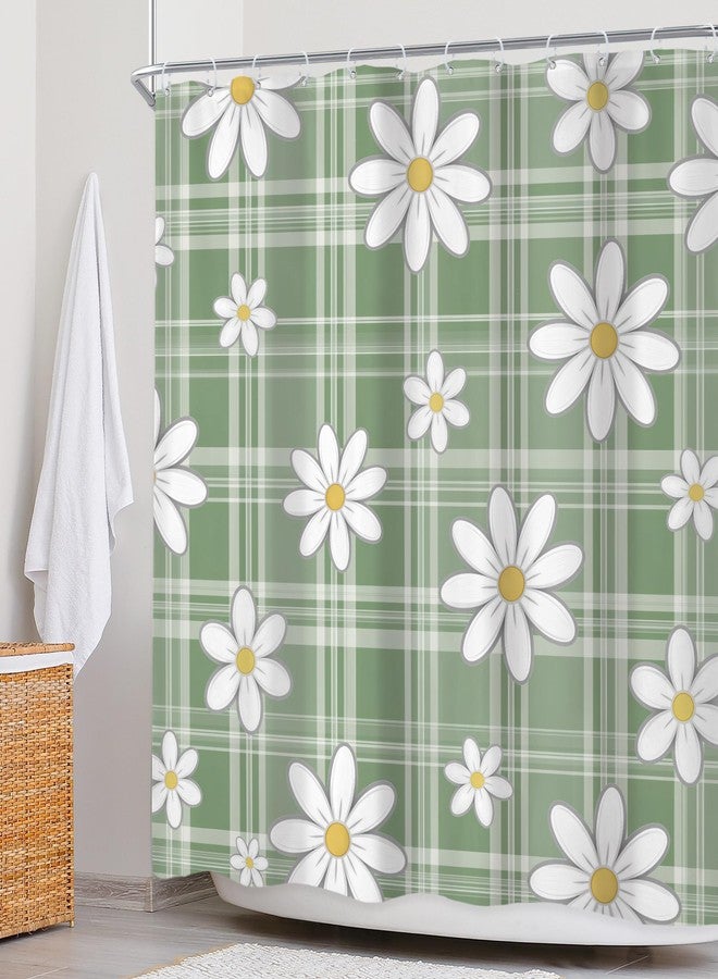 Newsely Green Daisy Floral Shower Curtain 72Wx72L Inch Retro Cute Flower Grovvy Plaid Spring Boho Pretty Kids Girly Women Bathroom Set Aesthetic Waterproof Bath Decoration Accessories Home Decor - Image 3
