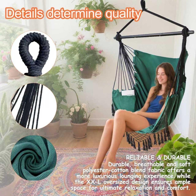 PIRNY Hammock Chair Hanging Rope Swing Chair,Max 500 Lbs, Large Hanging Chair with Pocket, 2 Cushions, Removable Steel Bar, Hardware Kit Included, Superior Comfort for Indoor Outdoor (Dark Green) - Image 5