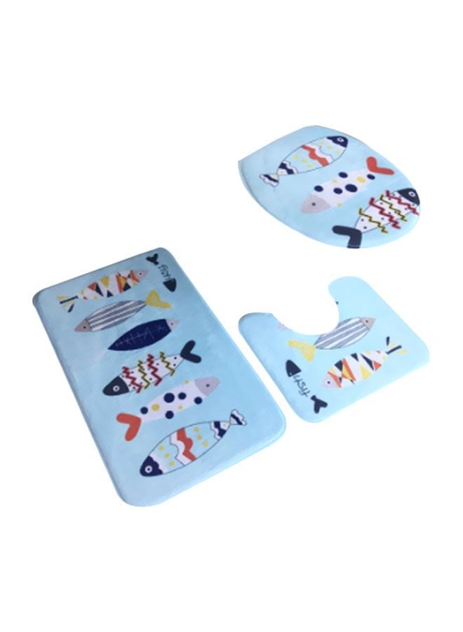 NIBEMINENT 3-Piece Fish Printed Bath Mat Set Blue/White/Red Rectangular ( 44x75), U Shaped (44x75), Toilet Cover (38x40)cm