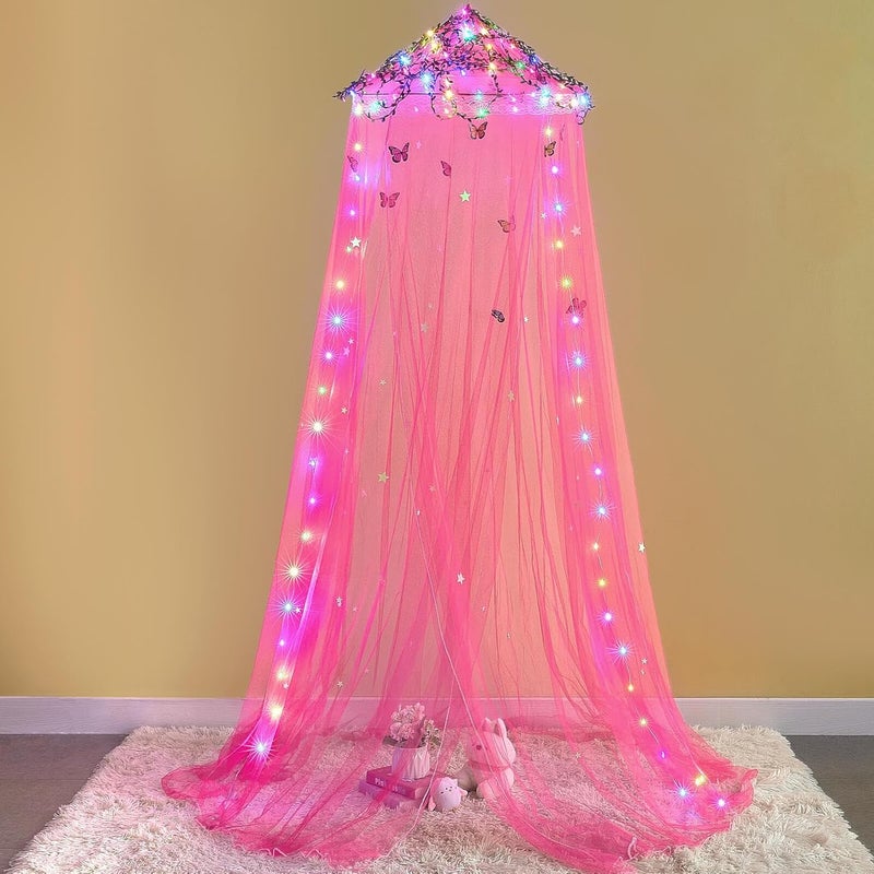 FIOBEE Bed Canopy for Girls Room Bed Canopy Curtains with Led Lights Mosquito Net DIY Princess Room Décor with Stars Butterflies for Kids Bedroom, Red - Image 4