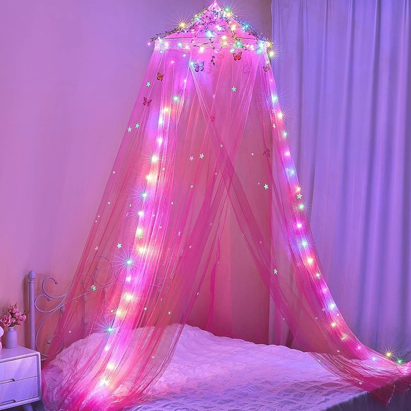 FIOBEE Bed Canopy for Girls Room Bed Canopy Curtains with Led Lights Mosquito Net DIY Princess Room Décor with Stars Butterflies for Kids Bedroom, Red - Image 3