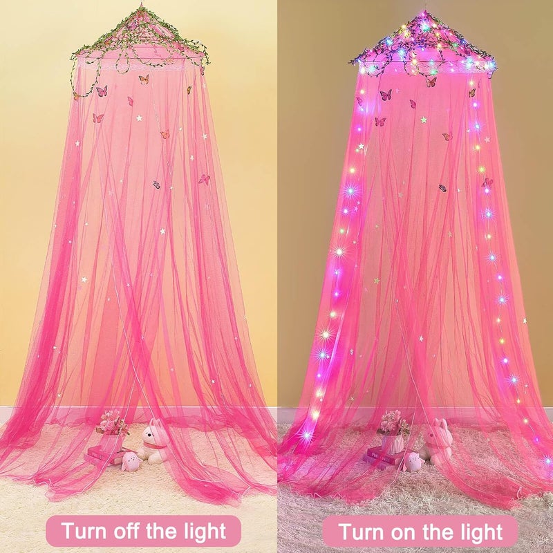 FIOBEE Bed Canopy for Girls Room Bed Canopy Curtains with Led Lights Mosquito Net DIY Princess Room Décor with Stars Butterflies for Kids Bedroom, Red - Image 5