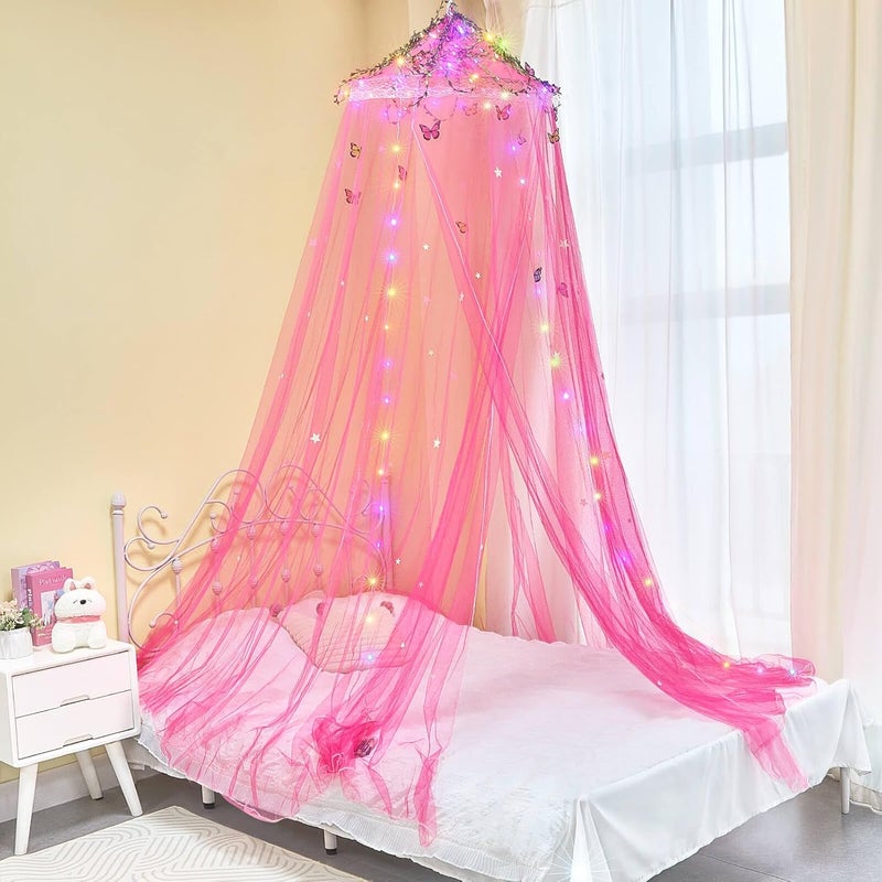 FIOBEE Bed Canopy for Girls Room Bed Canopy Curtains with Led Lights Mosquito Net DIY Princess Room Décor with Stars Butterflies for Kids Bedroom, Red - Image 1