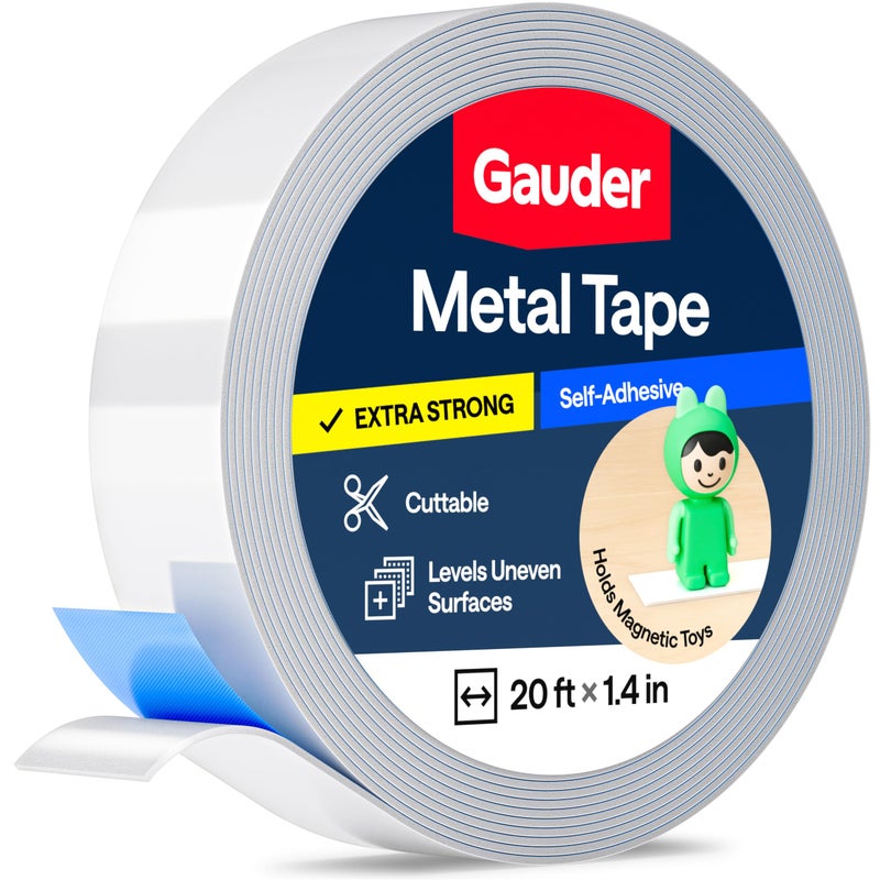 GAUDER Self-Adhesive Metal Tape - Ideal for Tonie Figures & Shelves - Holding Surface for Magnets - Ferrous Tape with Foam Adhesive - Thin Metal Steel Strip (20 ft x 1.4 in) - Image 1