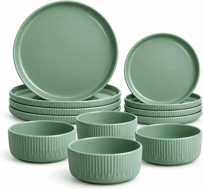 شالو طقم أواني طعام "هاربر" (HARPER) من الحجر المصقول (Stoneware) مكون من 12 قطعة، يكفي 4 أشخاص؛ يضم 4 أطباق رئيسية (10.5 بوصة)، و4 أطباق جانبية (7.5 بوصة)، و4 أوعية عميقة (5.5 بوصة) - باللون الأخضر الإسباني.