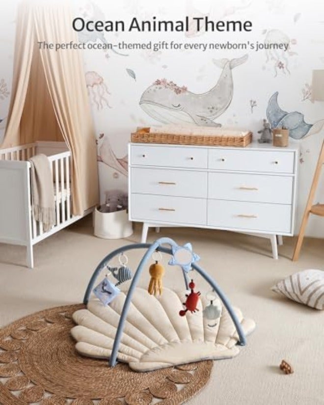 Blissful Diary Shell Baby Play Gym Mat, Softer & Enlarged Tummy Time Mat w 6 Detachable Toys for Sensory & Motor Skill Development, Activity Mat for Newborn Essentials Shower Gift, Boho Ocean Theme - Image 5