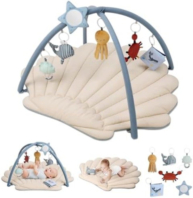 Blissful Diary Shell Baby Play Gym Mat, Softer & Enlarged Tummy Time Mat w 6 Detachable Toys for Sensory & Motor Skill Development, Activity Mat for Newborn Essentials Shower Gift, Boho Ocean Theme - Image 2