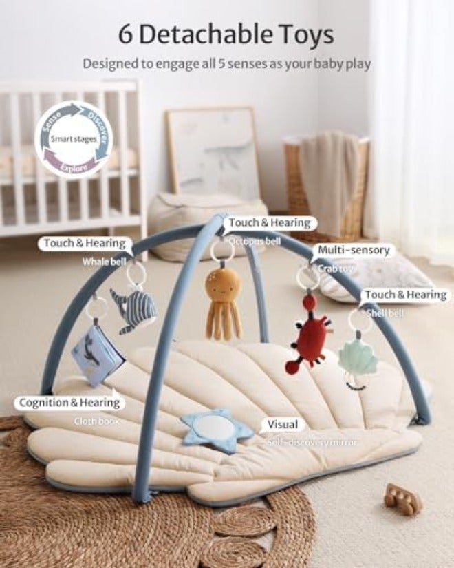Blissful Diary Shell Baby Play Gym Mat, Softer & Enlarged Tummy Time Mat w 6 Detachable Toys for Sensory & Motor Skill Development, Activity Mat for Newborn Essentials Shower Gift, Boho Ocean Theme - Image 4