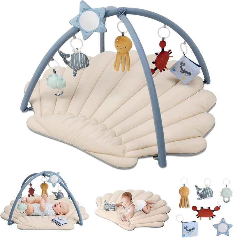 Blissful Diary Shell Baby Play Gym Mat, Softer & Enlarged Tummy Time Mat w 6 Detachable Toys for Sensory & Motor Skill Development, Activity Mat for Newborn Essentials Shower Gift, Boho Ocean Theme - Image 1
