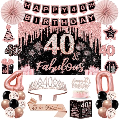 Juesly 40th Birthday Decorations for Women32PCS 40th Birthday Party DecorationsIncluding Backdrop Crown Sash banner Hanging SwirlCake TopperballoonsPaper FansAnniversary Card and paper fans - Image 1