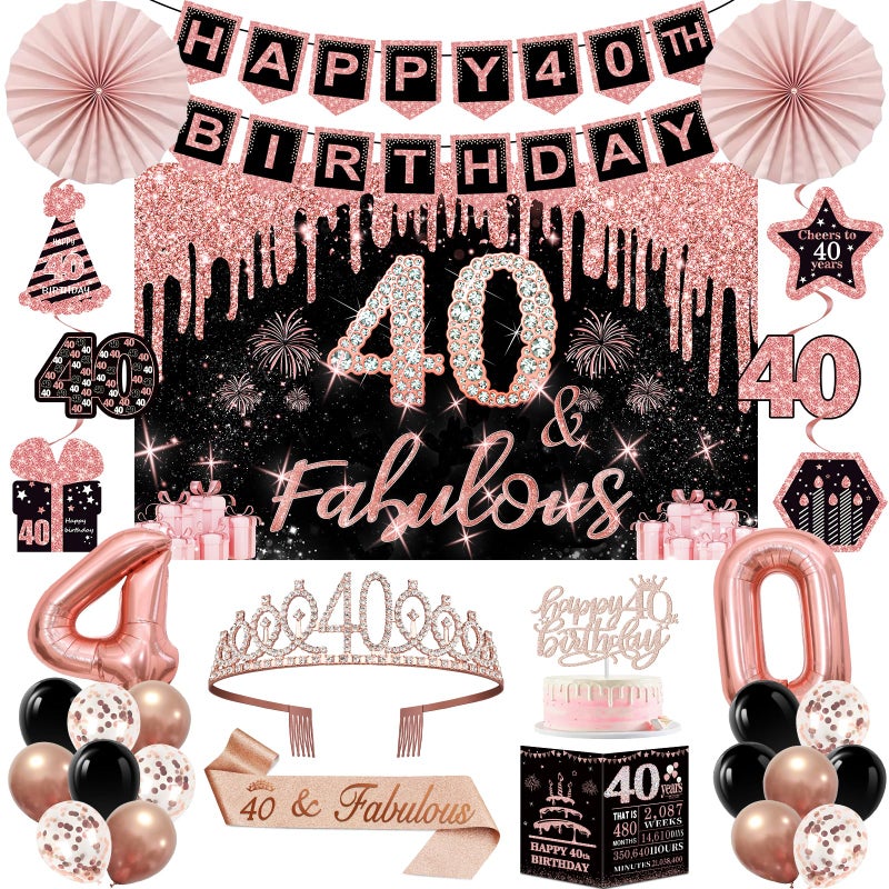 Juesly 40th Birthday Decorations for Women32PCS 40th Birthday Party DecorationsIncluding Backdrop Crown Sash banner Hanging SwirlCake TopperballoonsPaper FansAnniversary Card and paper fans - Image 2