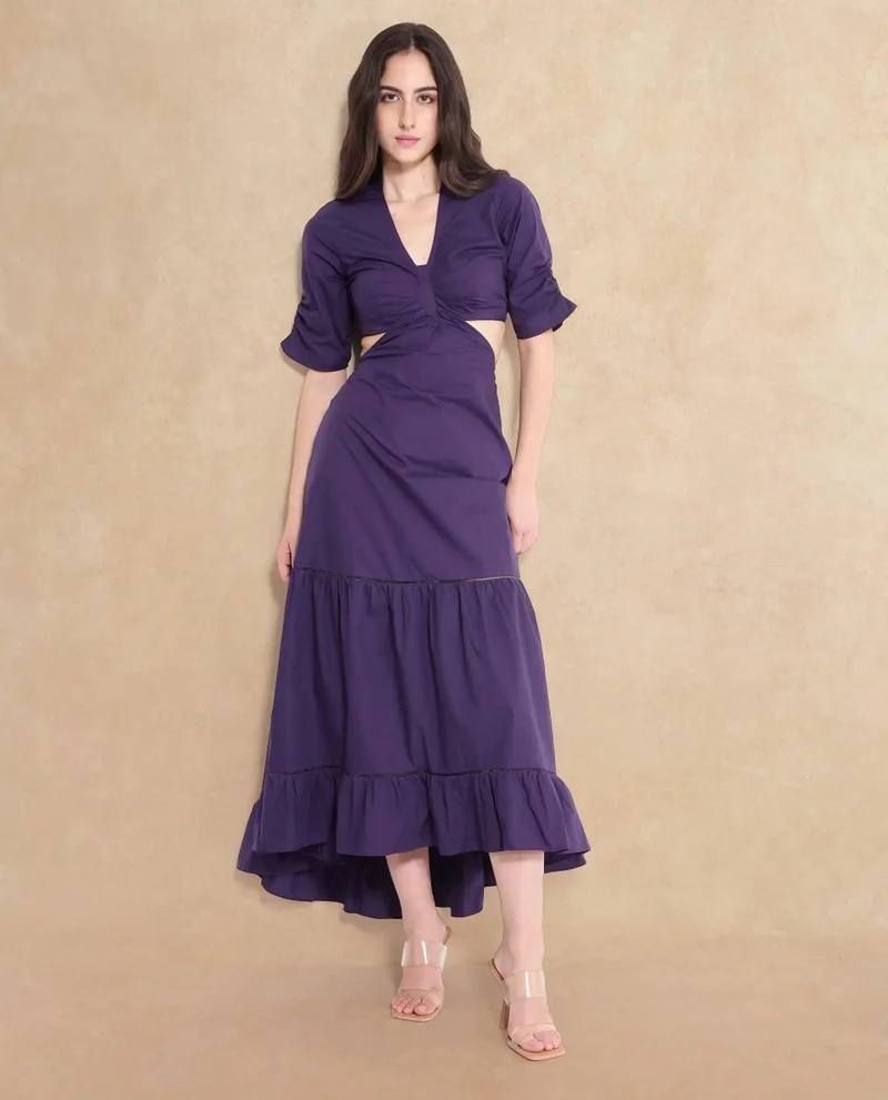 ريريزم Women's V-Neck Asymmetrical Cut Out Detail Dress