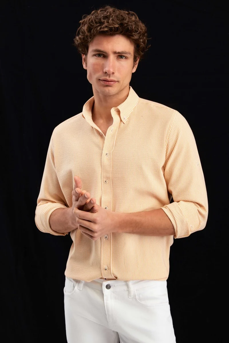D'S DAMAT D'S Groom Ds Groom Regular Fit Orange Striped Patterned Shirt